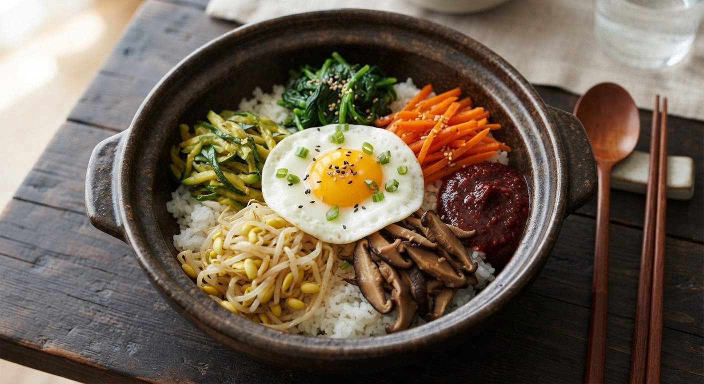 Colorful bibimbap bowl with five vegetable banchan, fried egg, and gochujang sauce on white rice