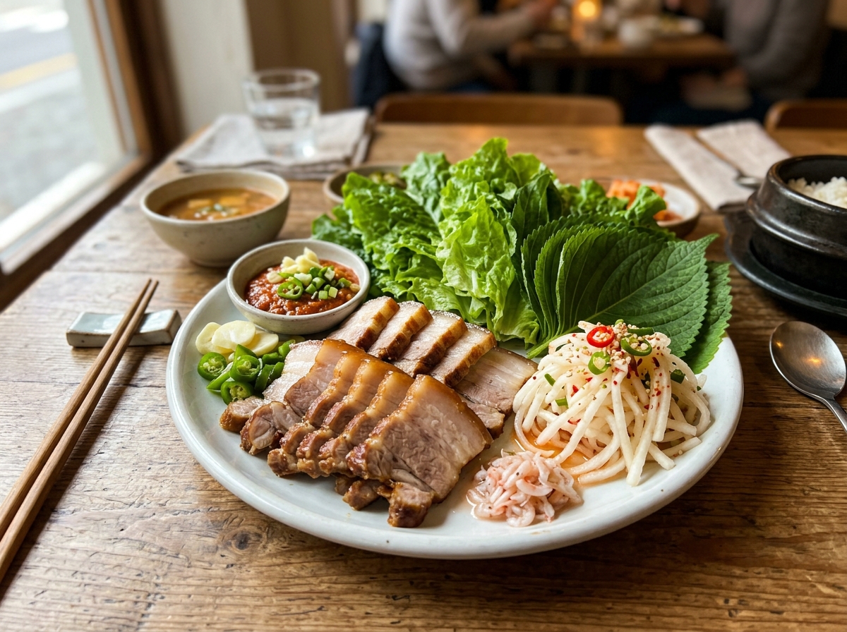 Sliced bossam pork belly arranged on a plate with fresh lettuce leaves and radish salad