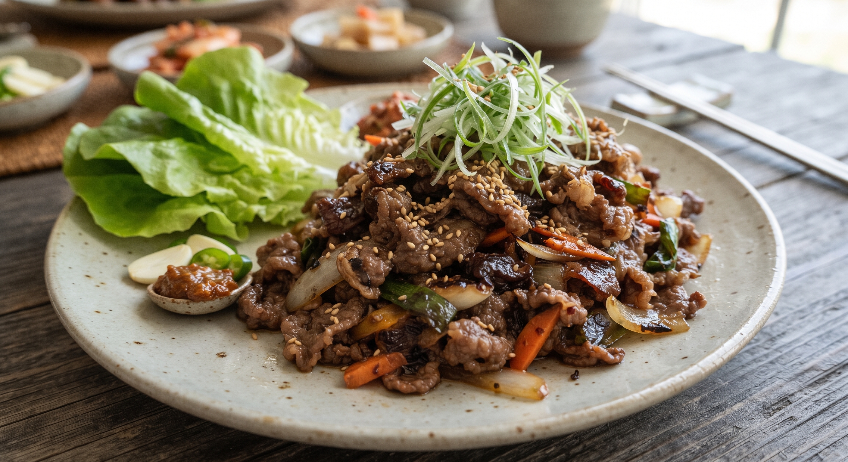 Golden-brown bulgogi beef slices garnished with sesame seeds and sliced green onions on a white plate