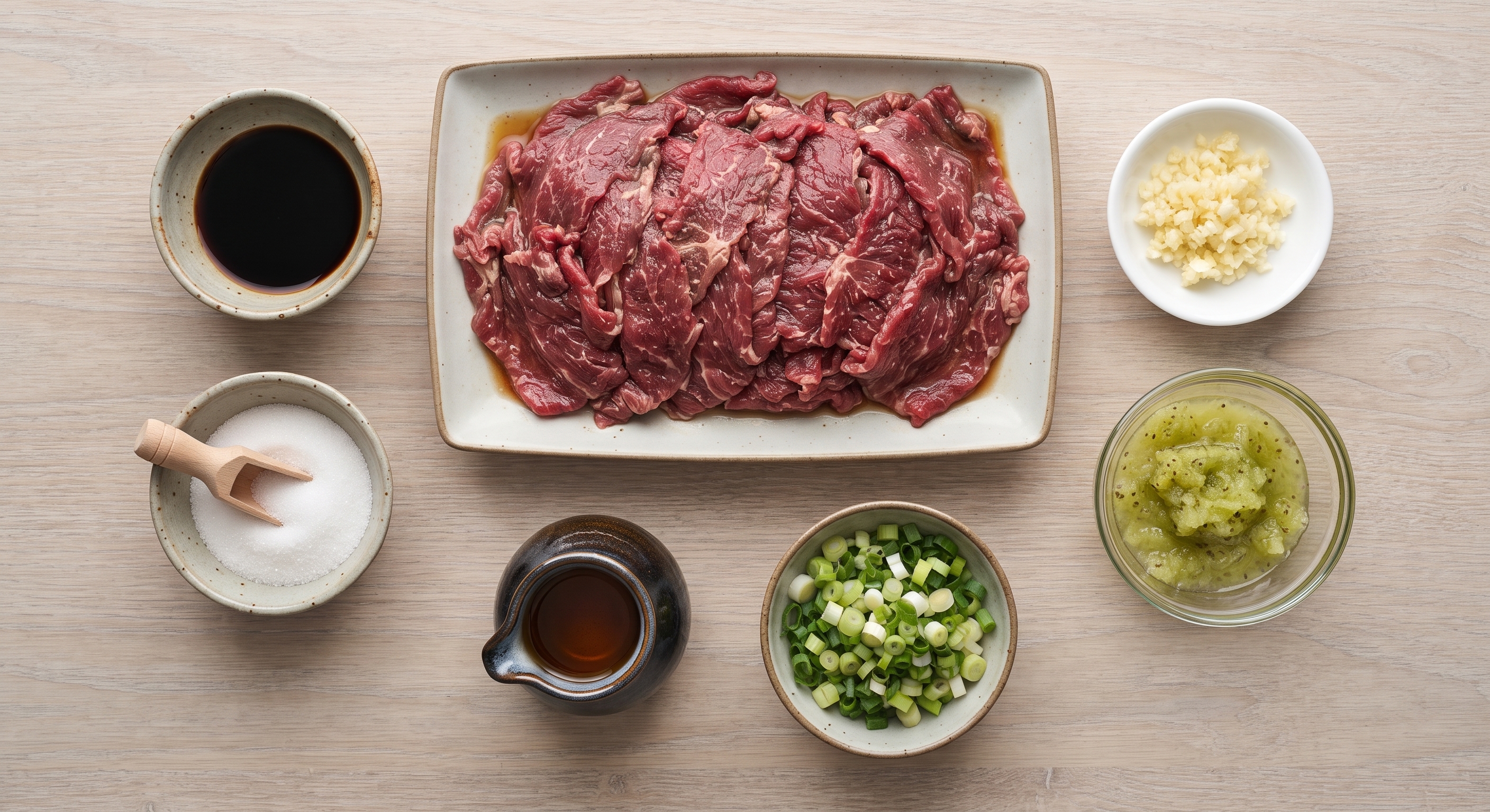 Raw ingredients for bulgogi including sliced beef, soy sauce, sugar, garlic, pear, and sesame oil