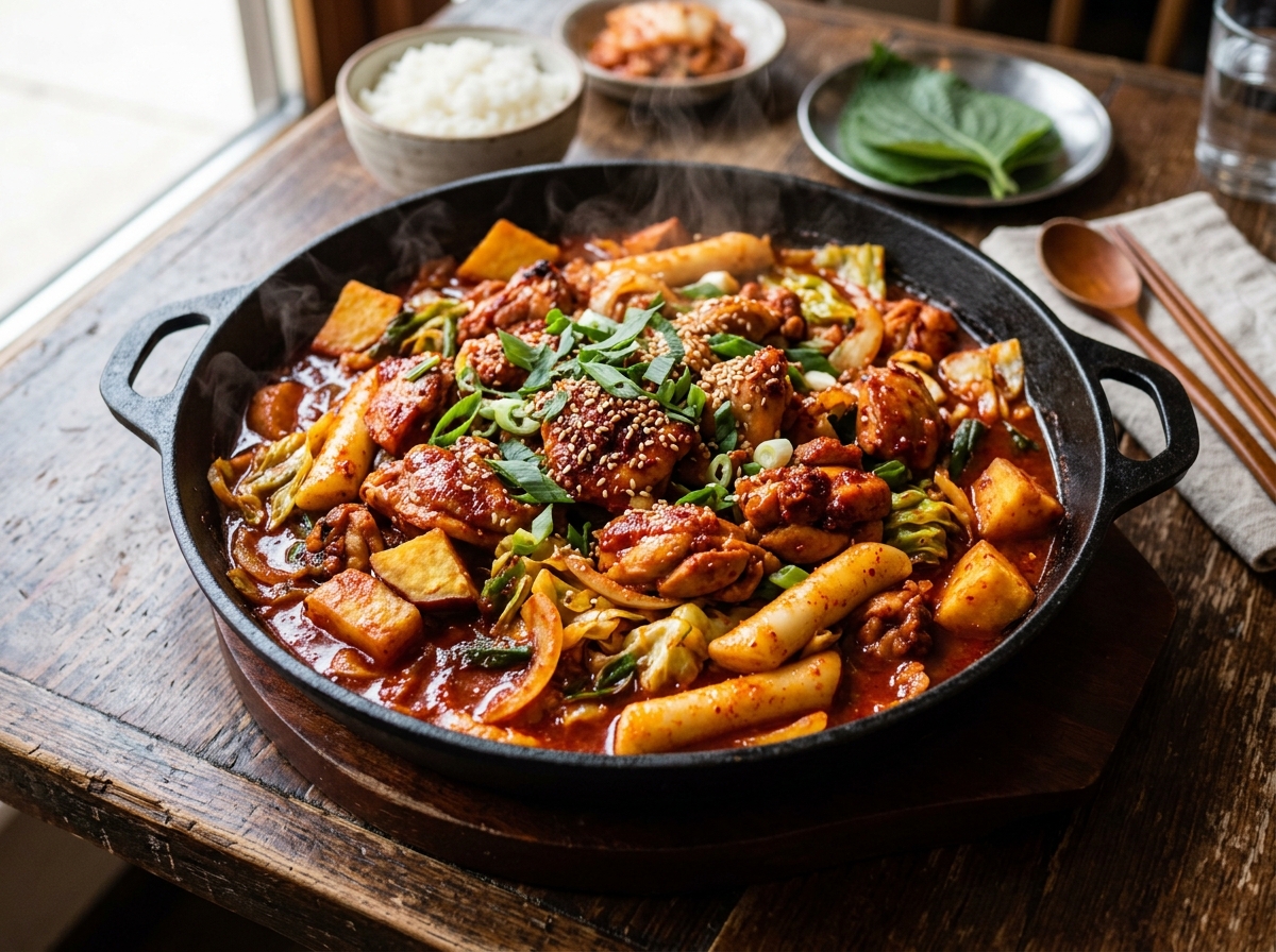Spicy dak galbi with chicken, rice cakes, and vegetables in a pan