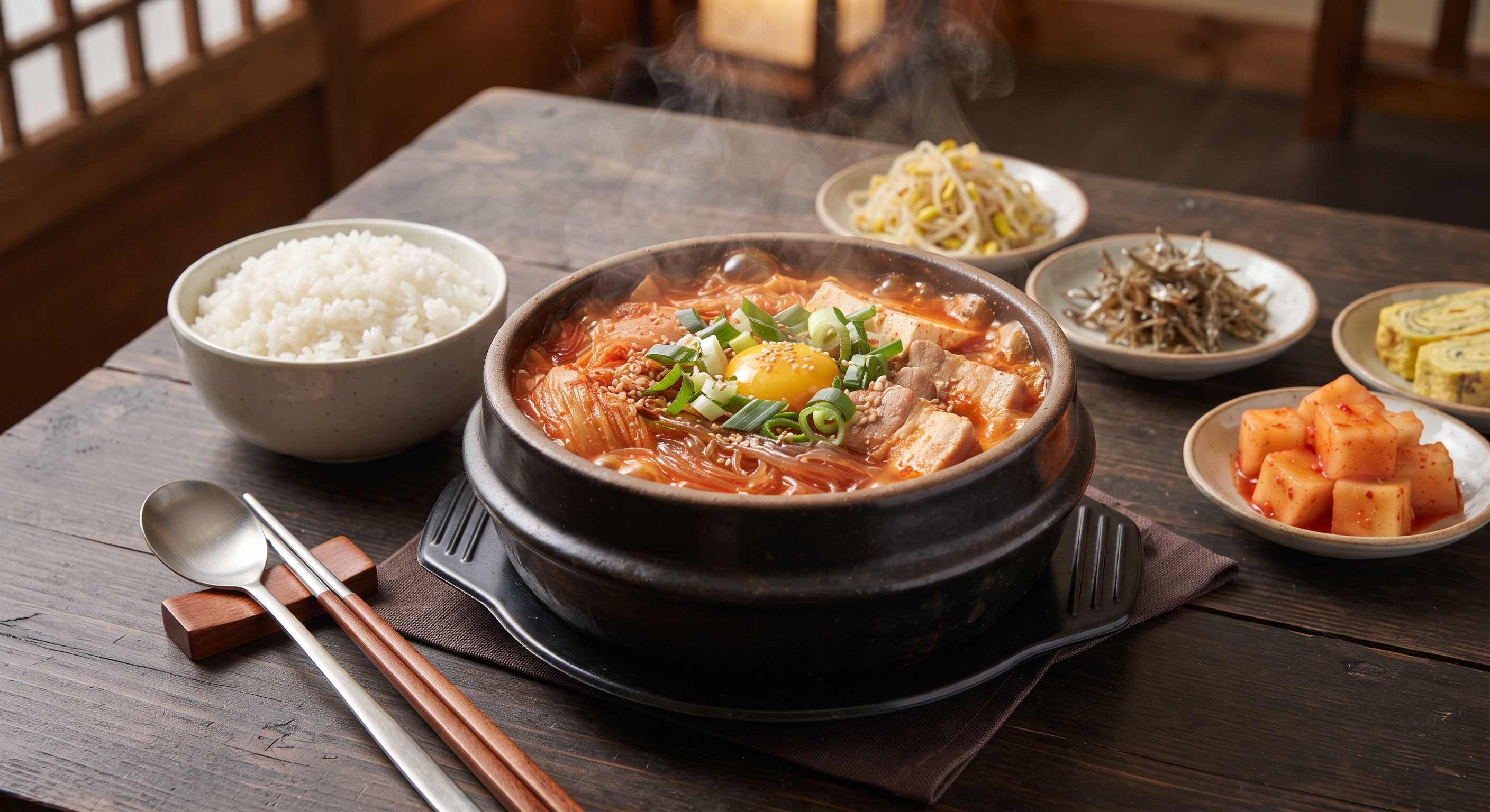 A close-up of kimchi jjigae (Korean kimchi stew) in a pot, garnished with green onion