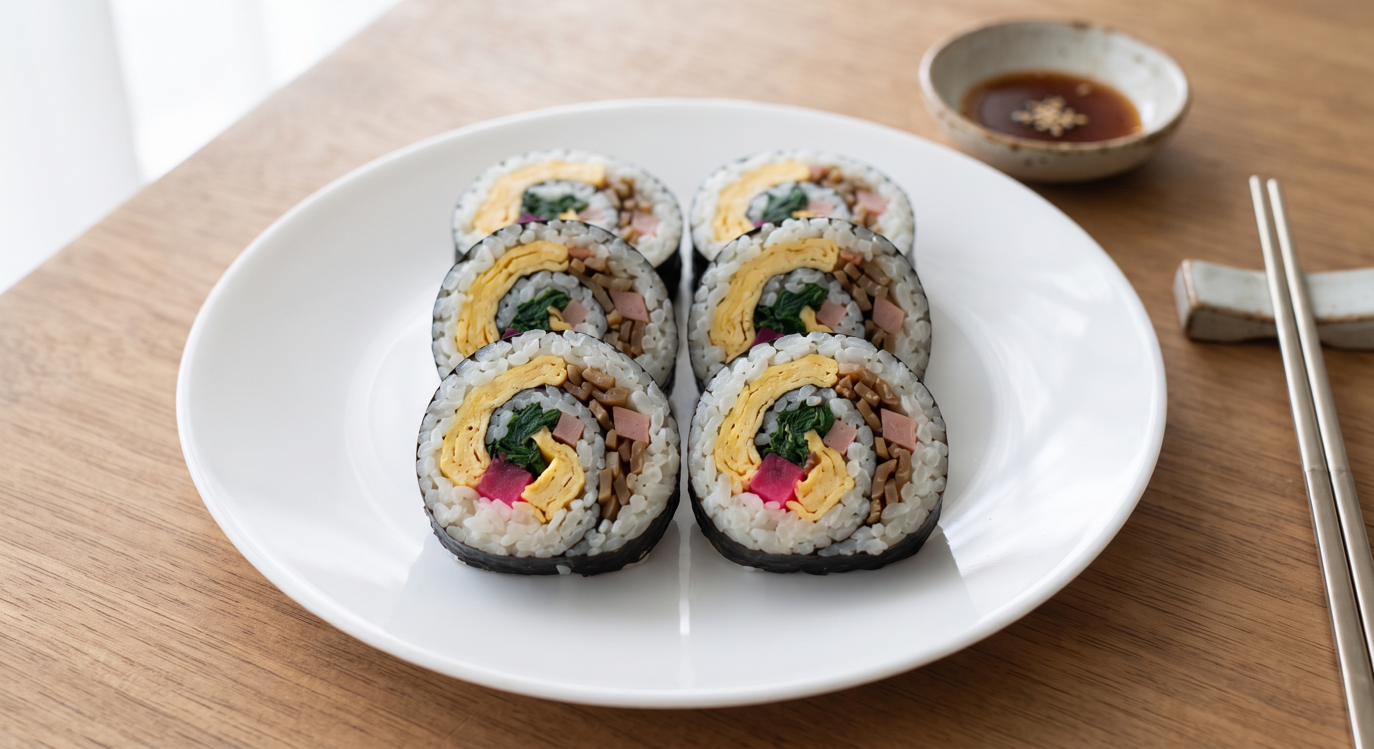 Sliced gimbap rounds arranged on a white plate showing colorful vegetable and egg filling
