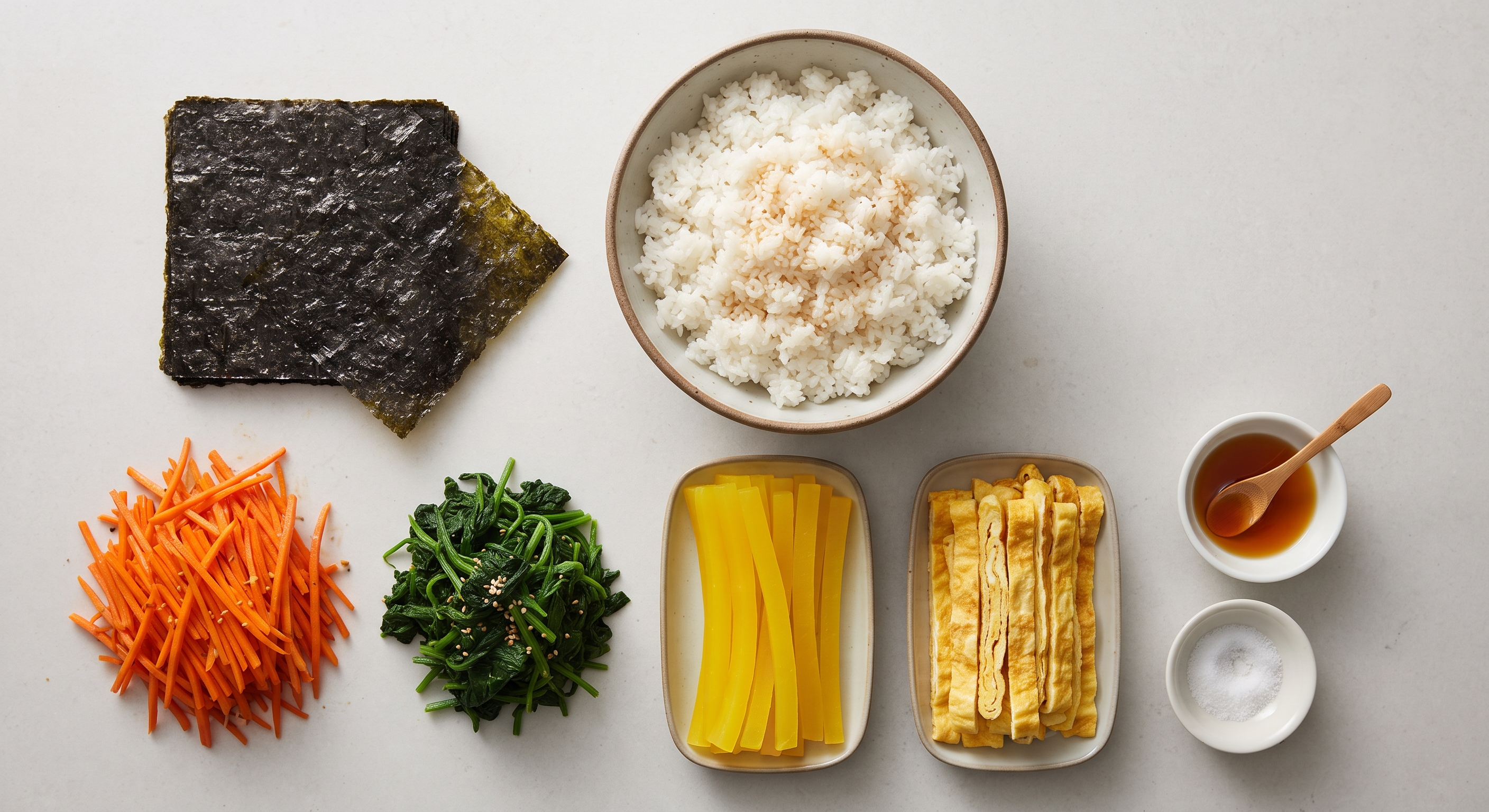Gimbap ingredients laid out including roasted seaweed sheets, cooked rice, vegetables, and eggs