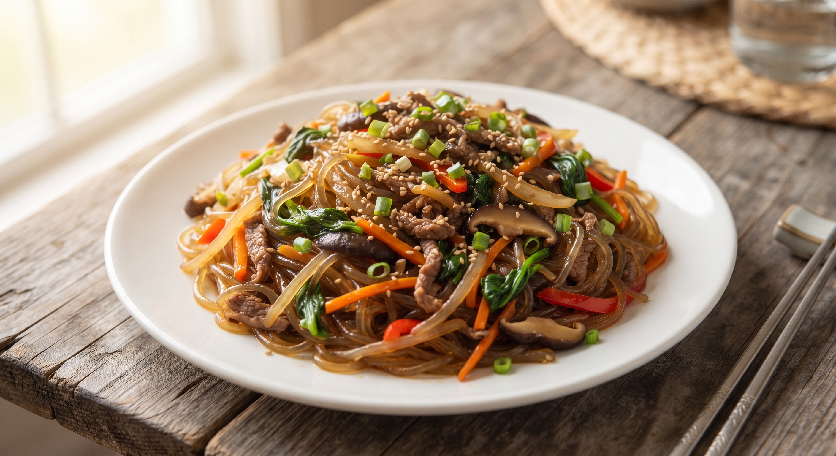 Glossy japchae noodles topped with julienned vegetables and sesame seeds on a white plate