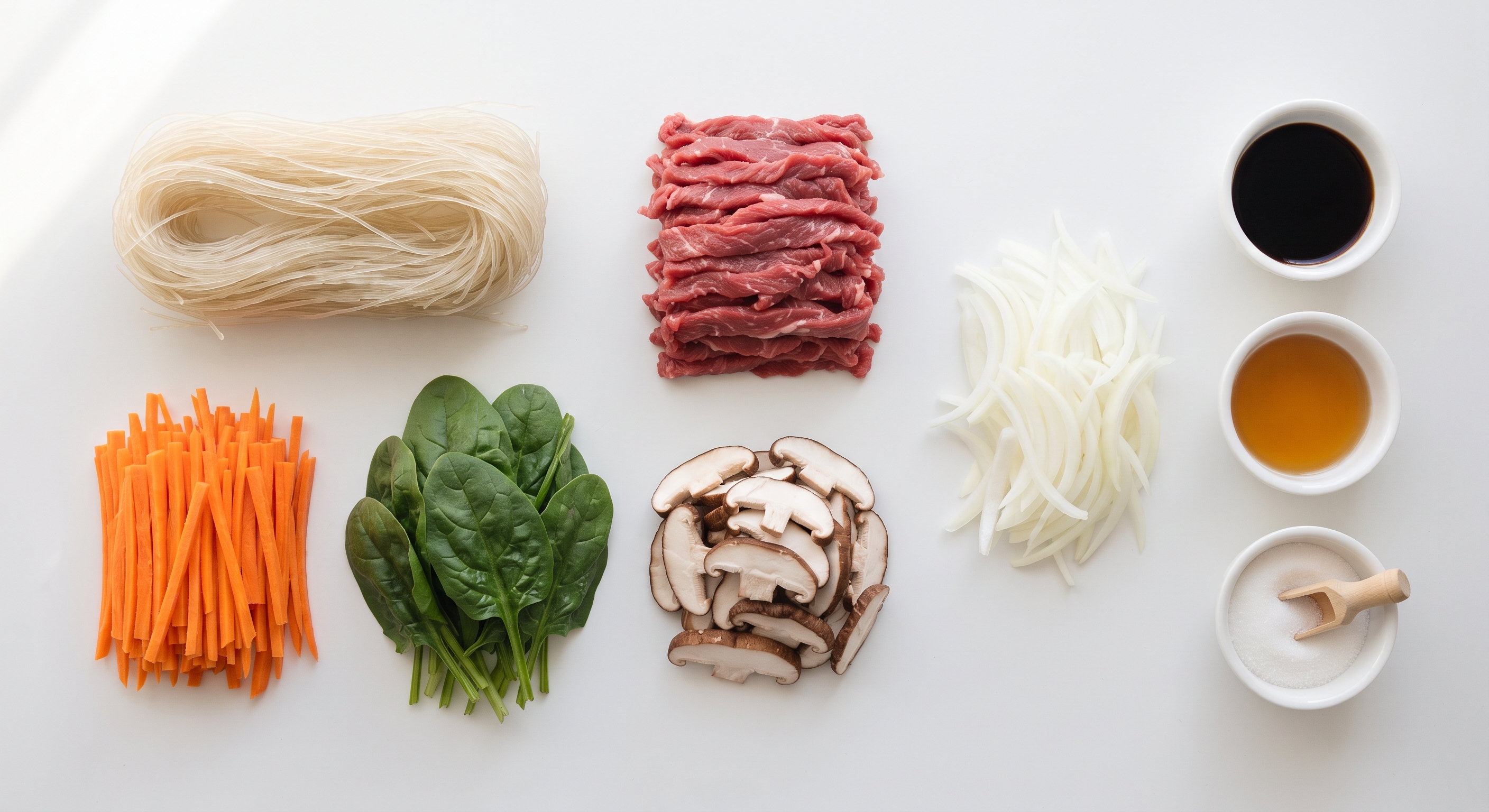 Ingredients for japchae including noodles and vegetables