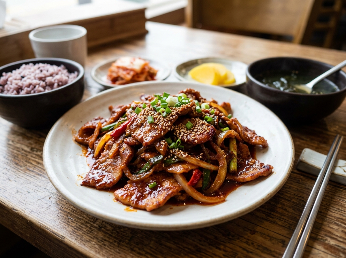 Spicy stir-fried pork with onions and green onions on a white plate