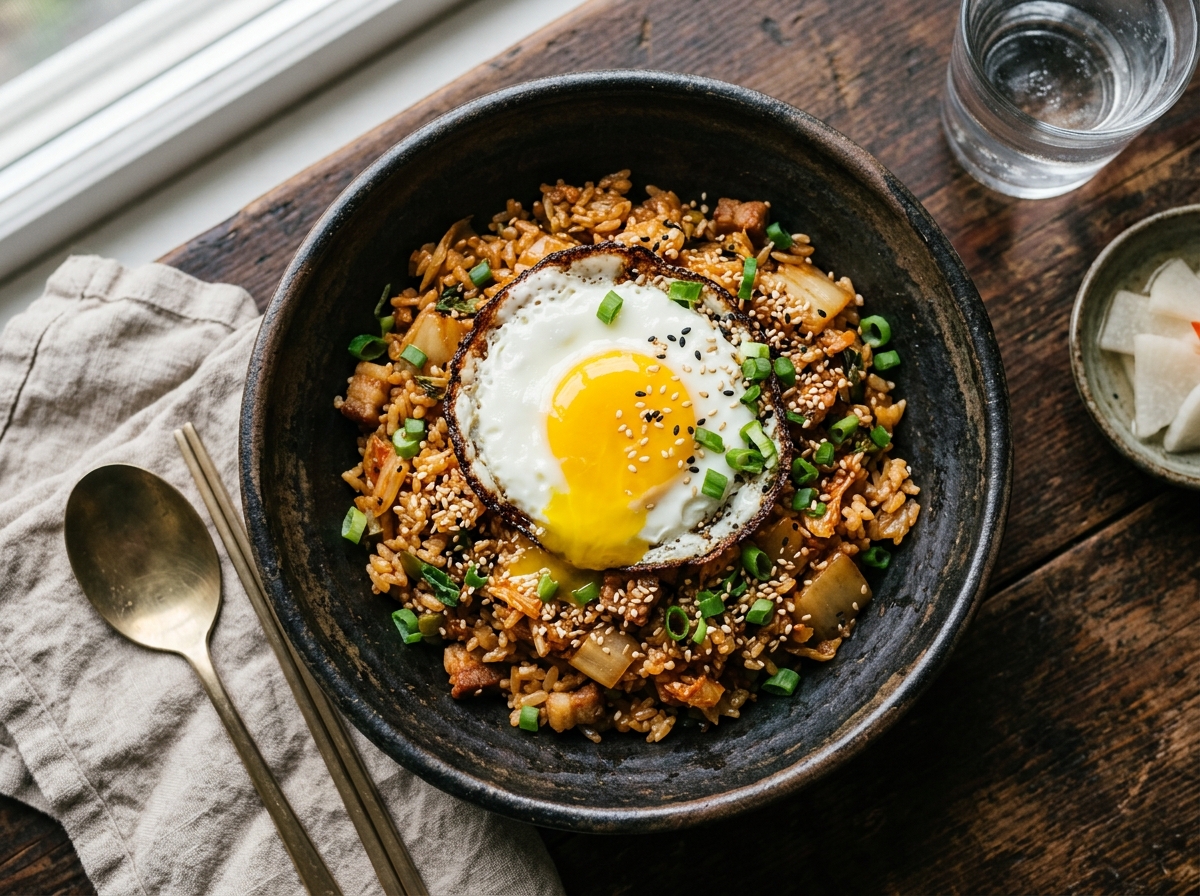 Kimchi fried rice in a bowl topped with a sunny-side up fried egg