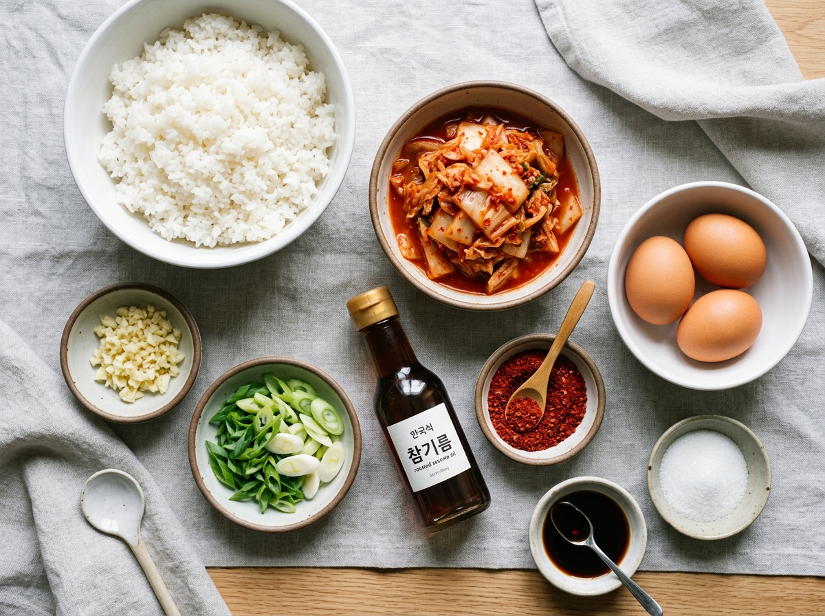 Raw ingredients for kimchi fried rice