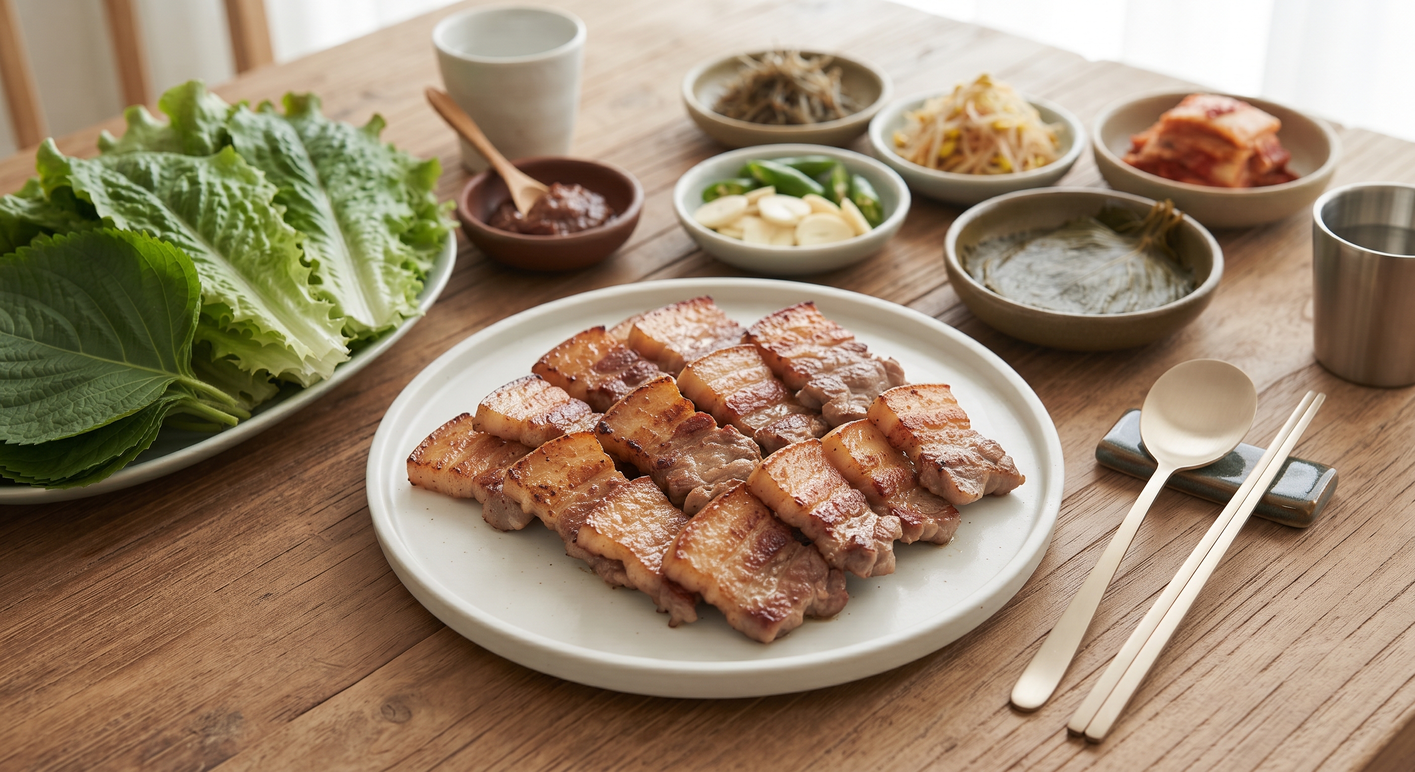 Golden-brown grilled pork belly slices on a plate surrounded by lettuce leaves and small dishes of ssamjang