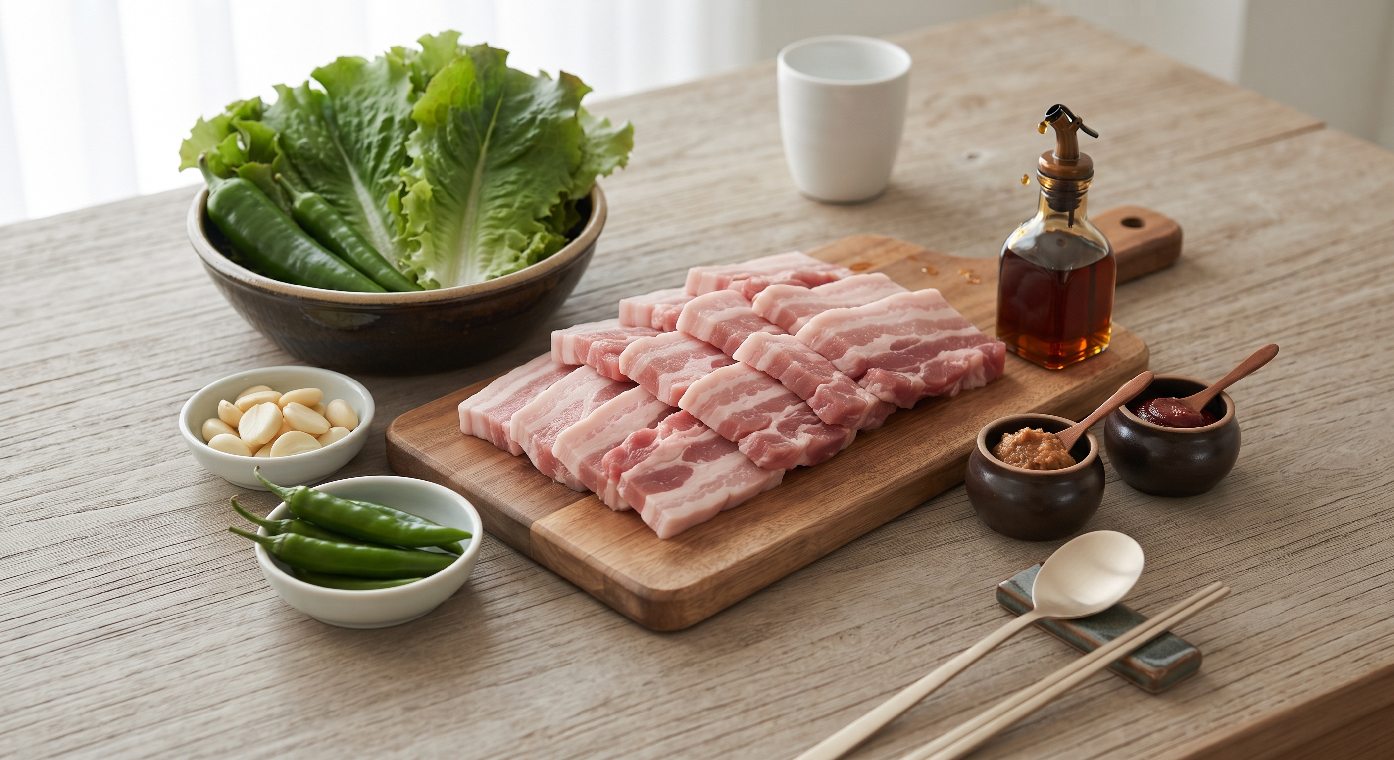 Raw pork belly and ssam ingredients