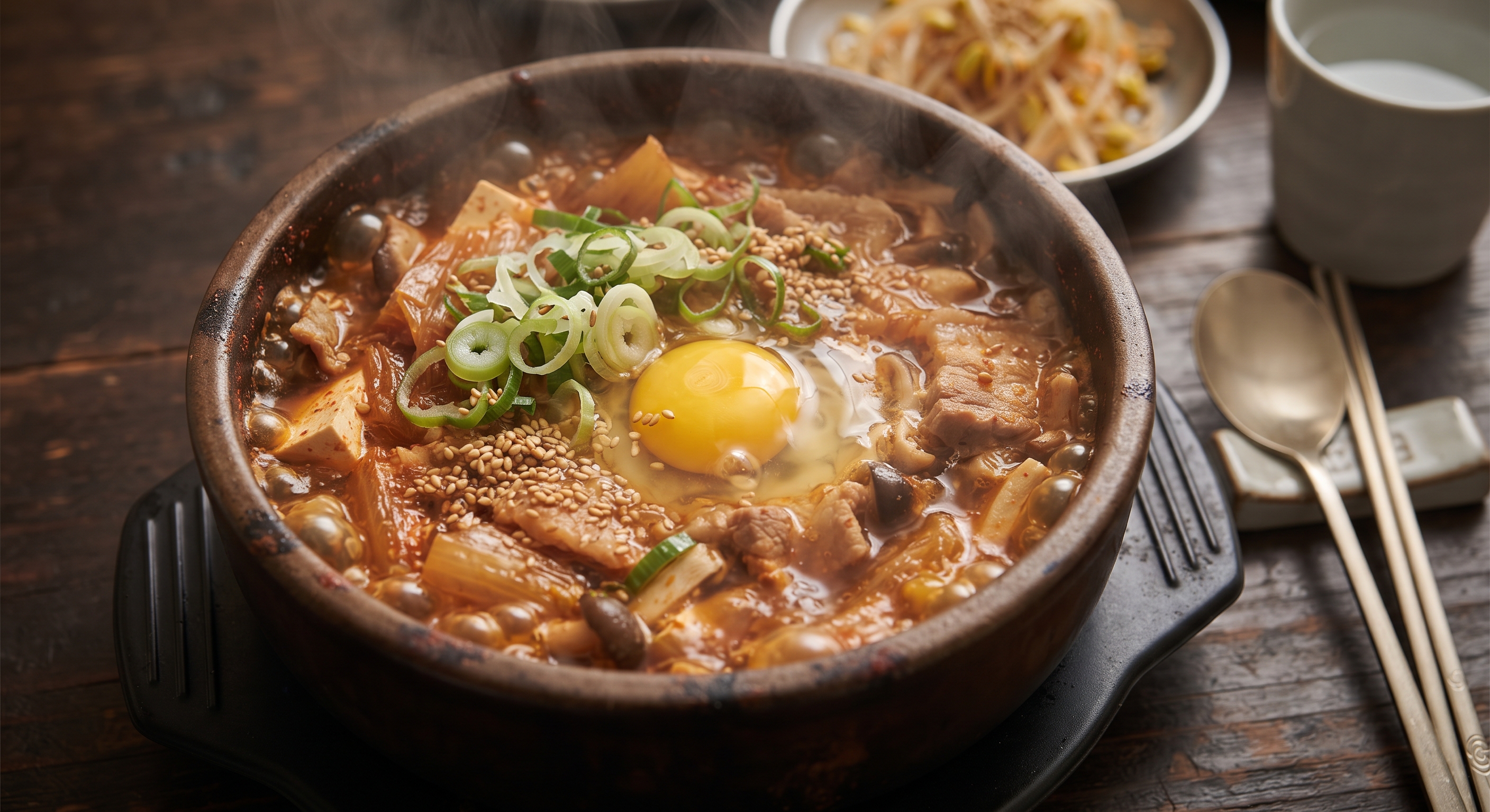 Bubbling sundubu jjigae in a stone pot with soft tofu, egg, and green onions