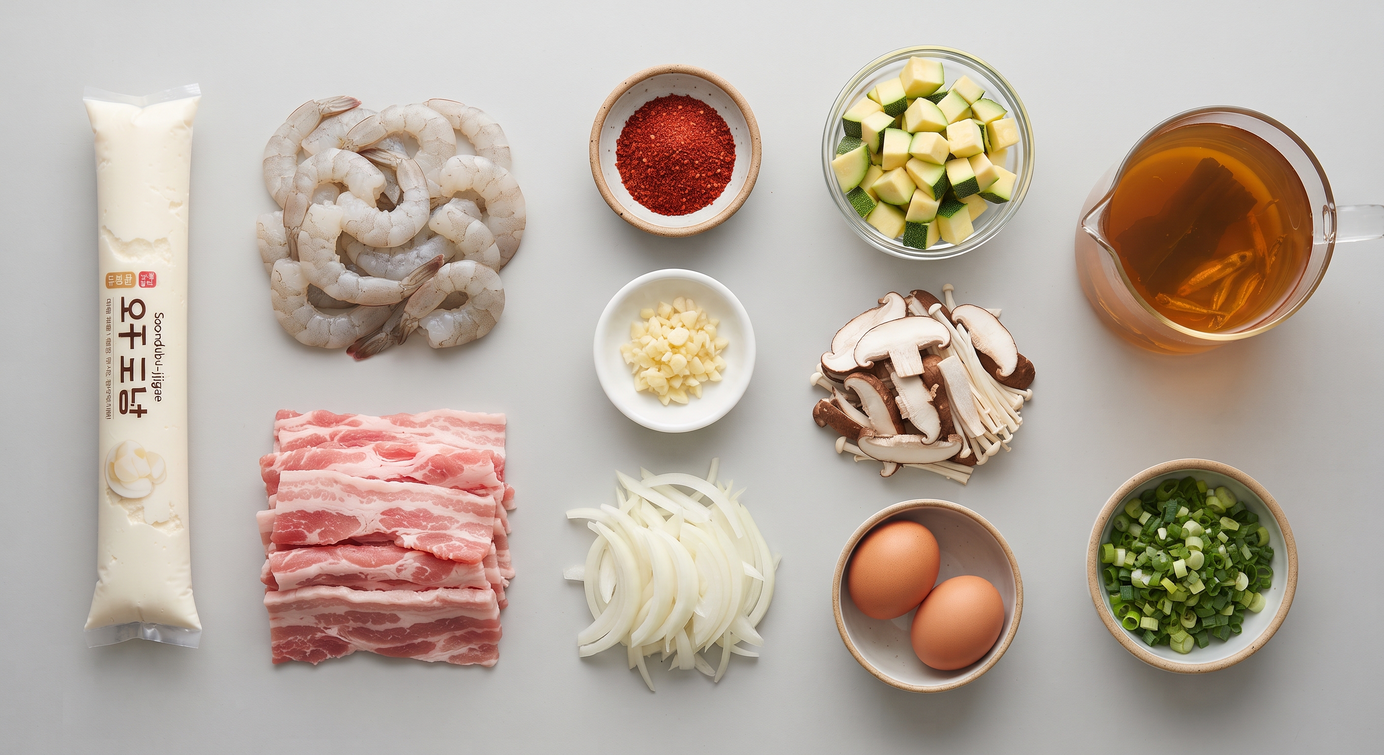Ingredients for sundubu jjigae laid out