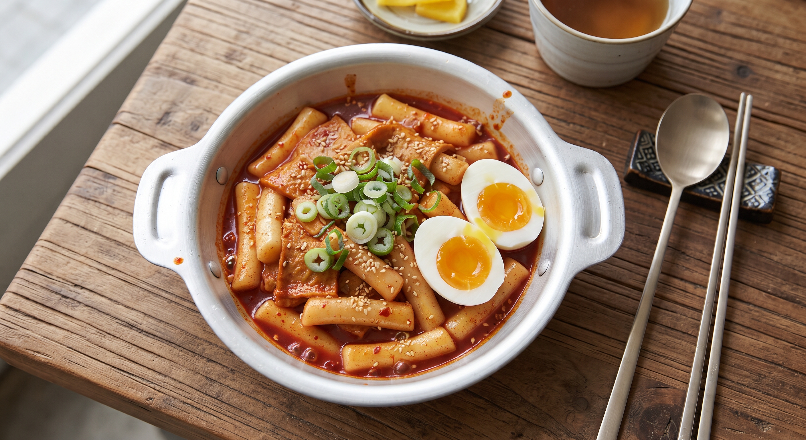 Bowl of bright red tteokbokki with fish cakes and halved soft-boiled eggs