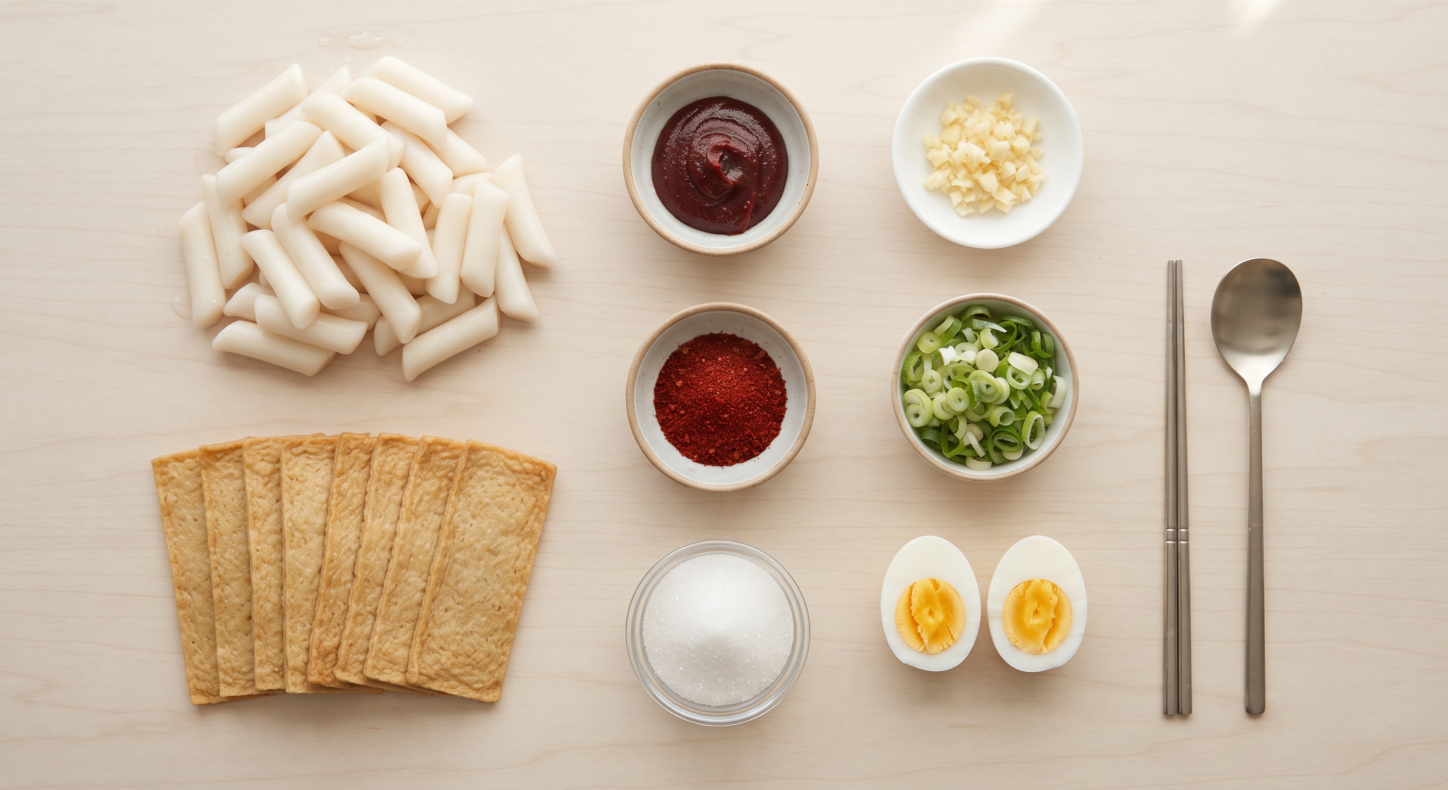 Ingredients for tteokbokki including rice cakes, fish cakes, and gochujang